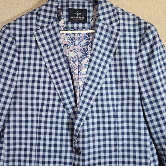 TAILORBYRD Linen cotton Sport Blazer Jacket Blue Gingham Plaid Linen Blend 42L N - Picture 2 of 12